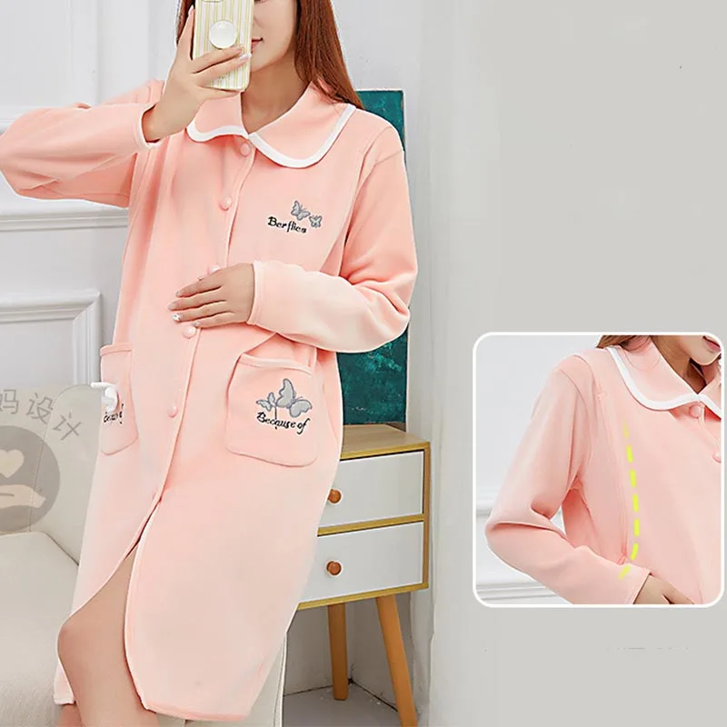 Autumn Winter Cotton padded Maternity Nursing Night Dress Loose Breastfeeding Sleepwear For Pregnant Women Pregnancy Home Wear