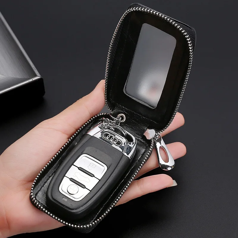 Visual Mirror Window Car Key Protector Bag PU Leather Key Holder Mini Auto Key Pocket Case Retro Keyring Wallet Zipper Bag