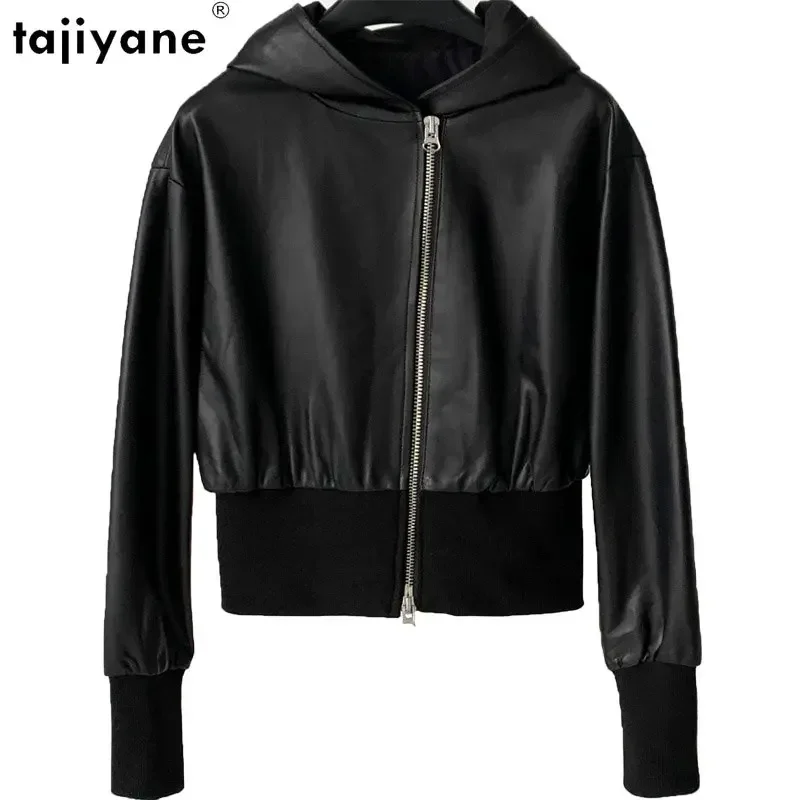 Tajiyane Genuine Sheepskin Leather Jacket Women Short Knitted Stitching Leather Jackets for Women Real Leather Coat Hooded Coats