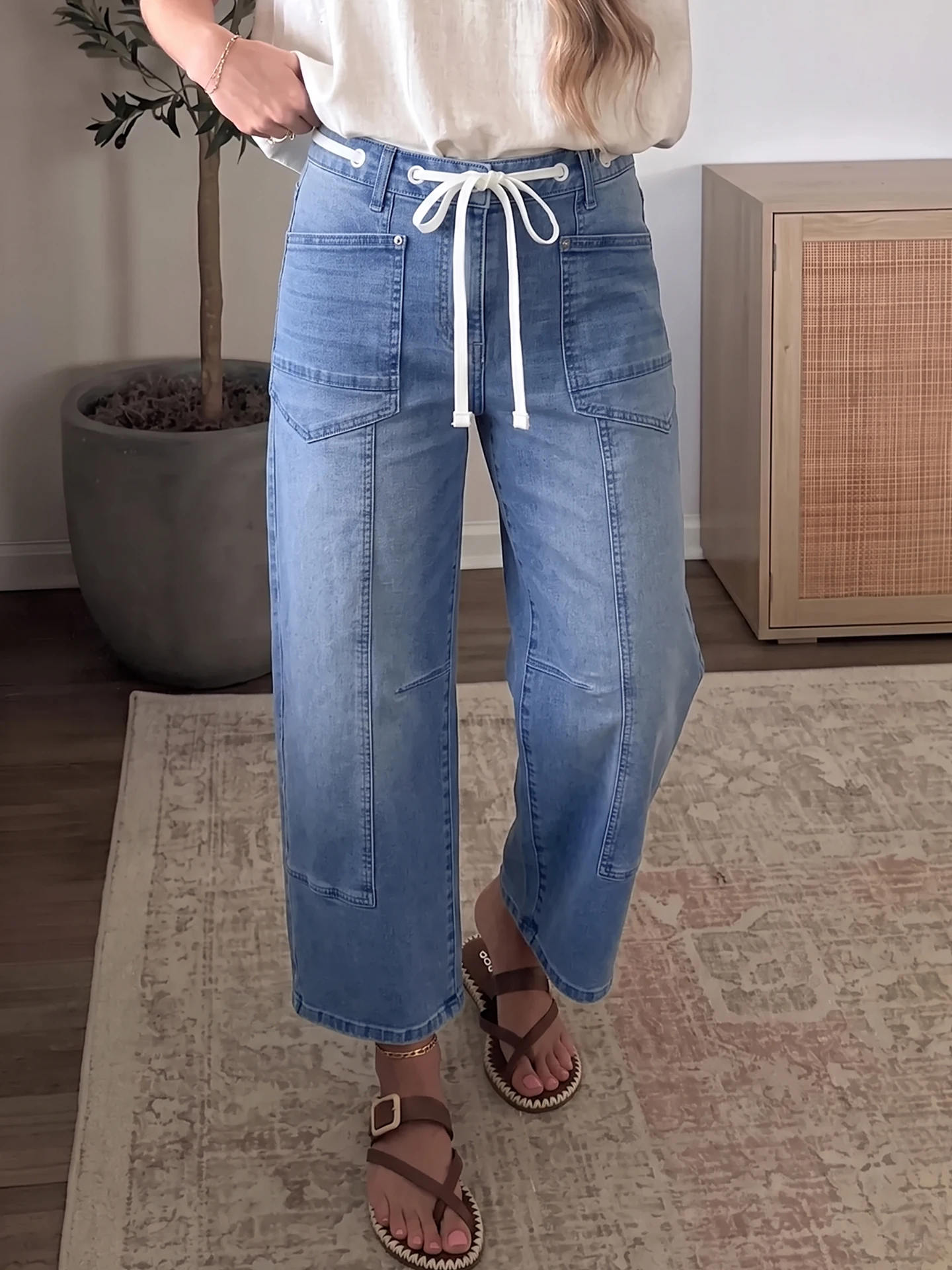 High Waist Washed Blue Jeans Women's Casual Straight Leg Nine Points Spring Autumn New Style Ladies Fashion Cotton Blend
