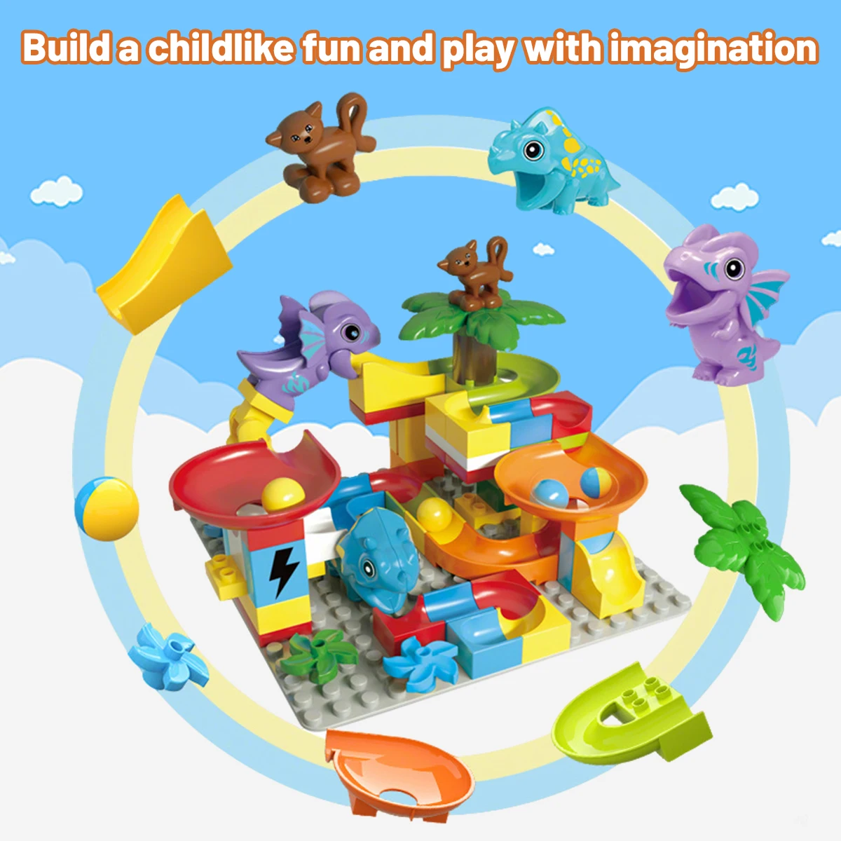 55PCS Große Bausteine Marmor Rennen Run Track Dinosaurier Und Große Ziegel Rolling Ball Rutsche Trichter Spielzeug Für Kinder pädagogisches Spielzeug