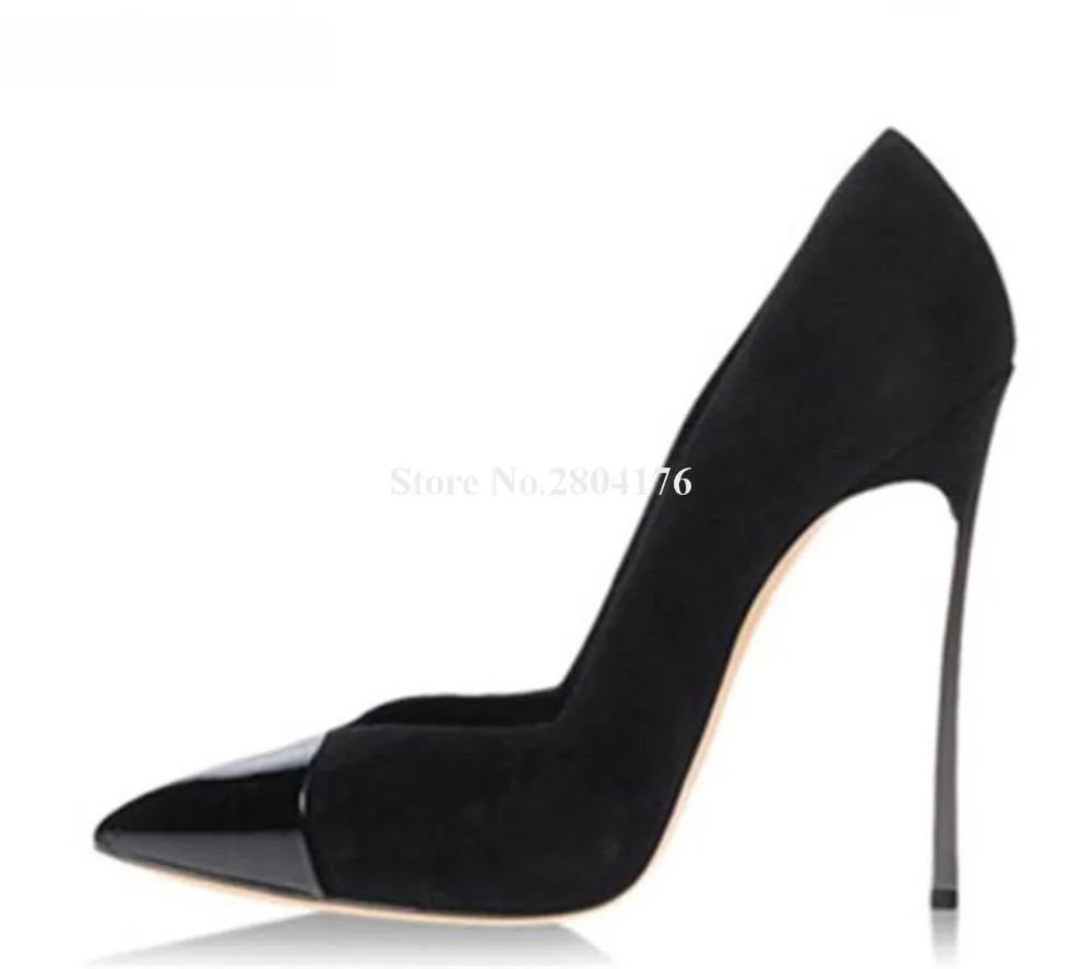 المرأة أنيقة الأسود براءات الاختراع والجلود تو المرقعة الجلد المدبوغ خنجر كعب مضخات الانزلاق على المعادن رقيقة كعب فستان أحذية كبيرة الحجم