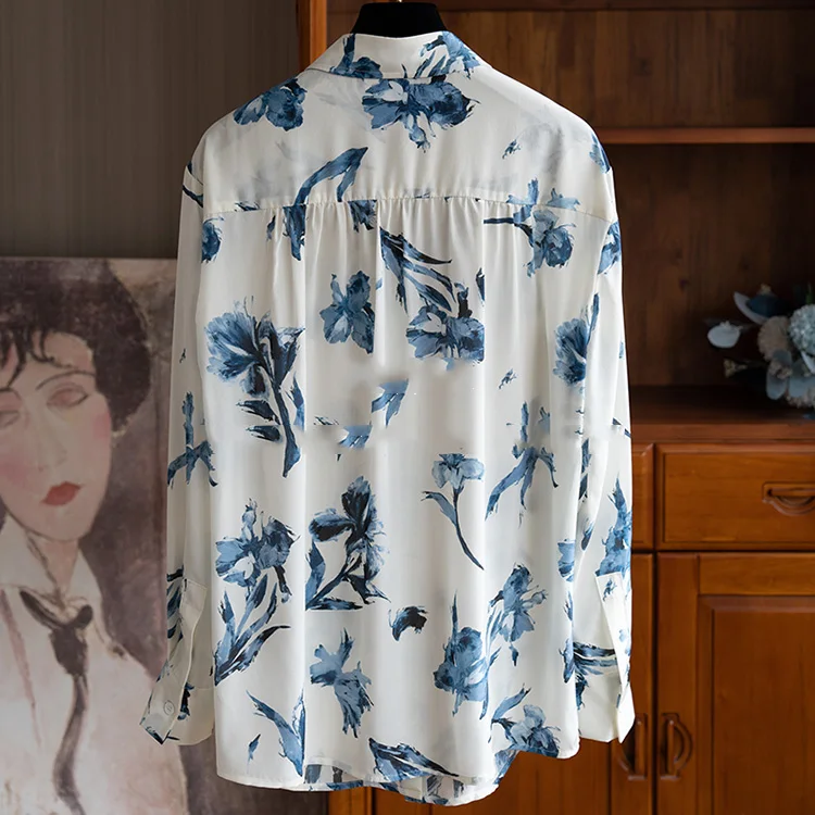 FANIECES Blue Flower Print Casual Women Shirt Autumn Long Sleeve Lapel Button-up ZA Blouses Elegant Office Lady Tops חולצות נשים