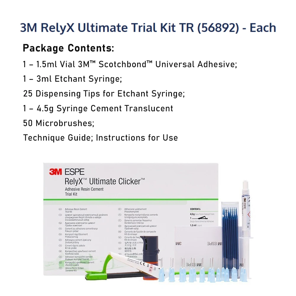 3M Relyx Ultimate Trial Kit TR Bond Transparent Dental Self Adhesive Cement Resin Metal Crowns Glass Ceramics CAD CAM Dual Cure