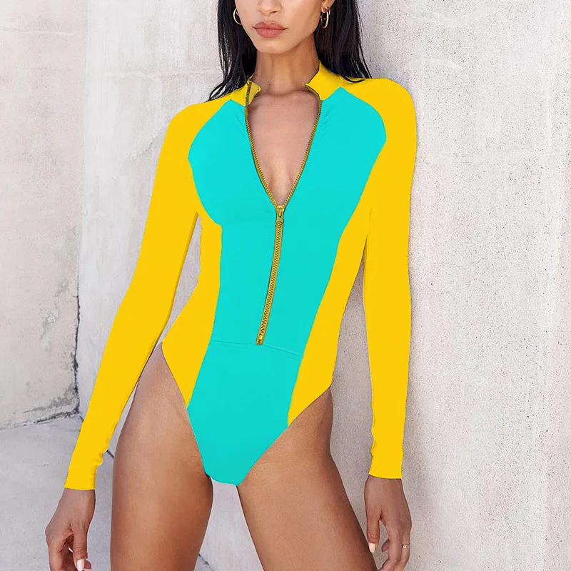 New Sexy Long Sleeves Surf Wear Women Swimwear Color Match Zipper Swimsuit Bathing Suit 2024 Summer Beachwear Female Bodysuit