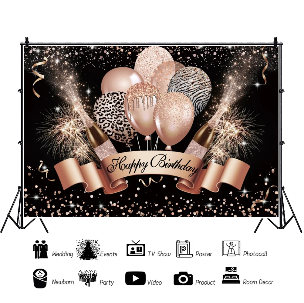 Laeacco สีดำและ Gold Happy Birthday การถ่ายภาพพื้นหลัง Glitters บอลลูนแชมเปญผู้ใหญ่เด็ก Portrait Csutomized ฉากหลัง