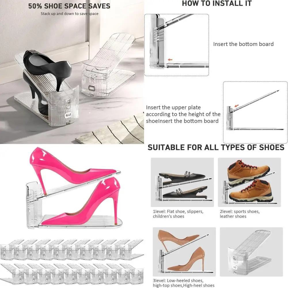 

Органайзер для обуви на 20 отделений, прозрачный, регулируемый по высоте для хранения в несколько слоев или пар, компактная подставка, простая сборка