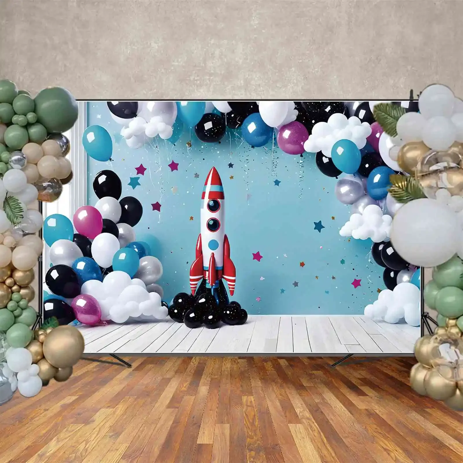 Фон MOON.QG для фотосъемки мальчиков на день рождения, фон для фотосъемки на заказ, с изображением ракеты, звезд, облаков, воздушных шаров, декорация, фотозон, реквизит для фотосъемки