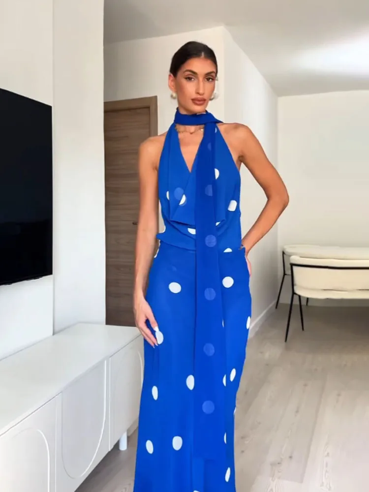 HH dames zomermode sexy jurken blauwe stippen swingende kraag mouwloze rugloze rits vrouwelijke strandstijl lange jurk