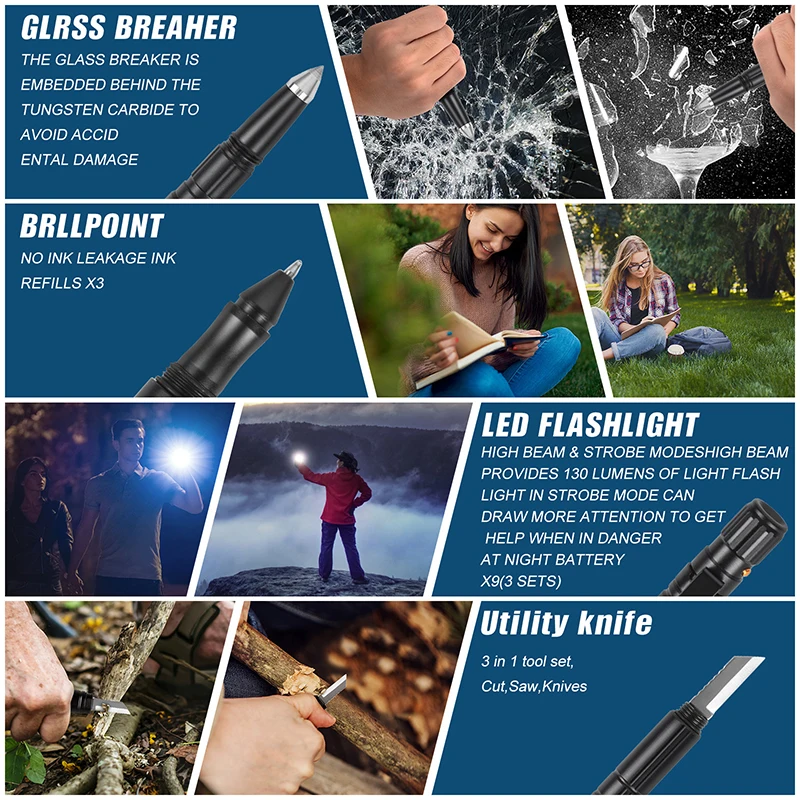 Military Tactical Pen, 6-in-1 Self Defense Pen LED Flashlight, Emergency Glass Breaker Pen, Writing Tool with 3 Refill