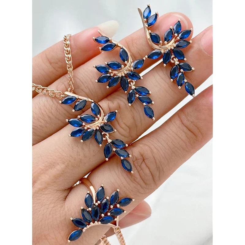 Kinel Full Blue Natural Zircon Leaf Shape Ring Earrings Necklace For Women Fashion 585 Rose Gold Color Daily 3pcs Jewelry Sets