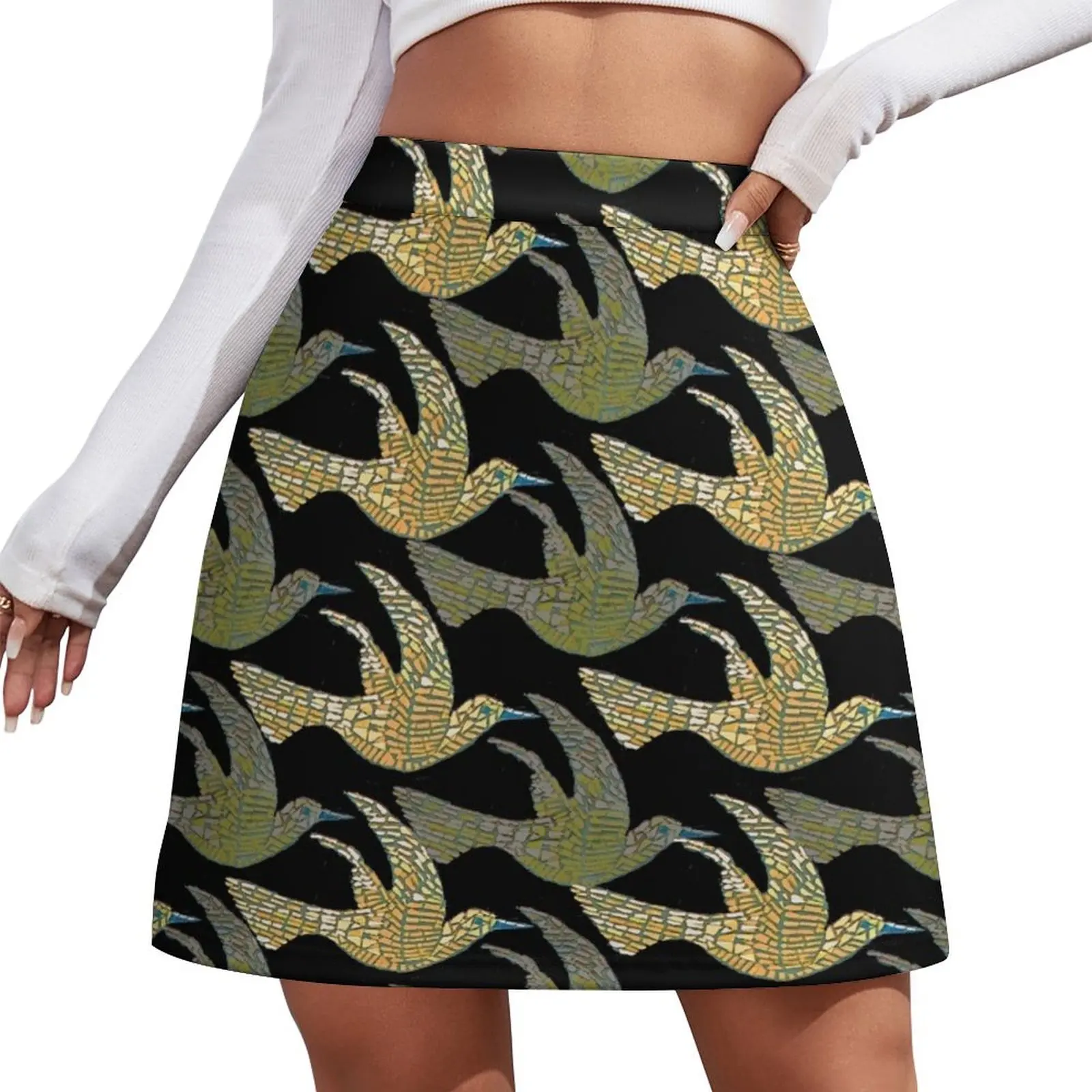 Golden Birds' Print from an original handmade mosaic by Claire Cotterill. Mini Skirt Summer skirt night club women Woman skirts