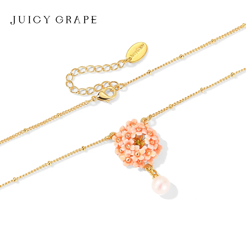 Juicy Grape Pink Hydrangea Flower Enamel Necklace Floral Cluster Pendant Necklace with Pearl for Women 2026 New Fashion Jewelry