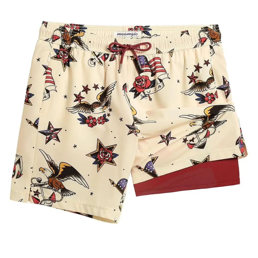maamgic 7 Inch Mens Swim Trunks with Compression Liner Board Shorts with Zippered Pocket Bathing Suit for Beach Vacation
