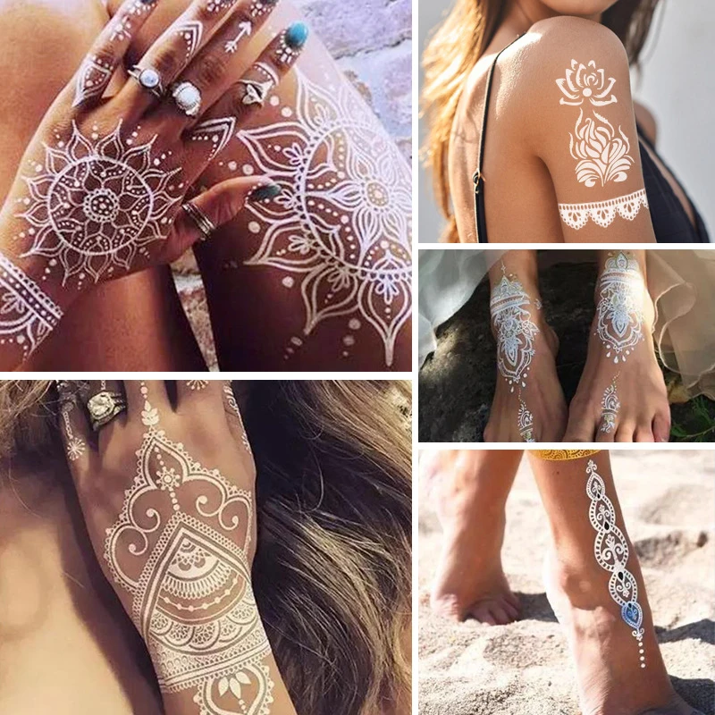 White Temporary Tattoo Women Lace Tattoo White Henna Paste Fake Waterproof Tattoo Moon Flower Star Arm Hand Face Tatoo Wedding