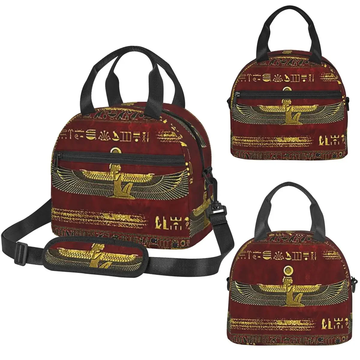 Golden Egyptian God Ornament On Red Leather Insulated Lunch Bag for Women Children Portable Food Boxes Thermal Lunch Box Tote