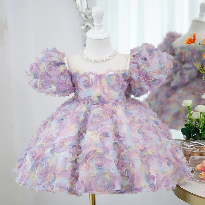 

2025 New Hot selling Design Sense Children's Square Collar Flower Decoration Waist Performance Dress