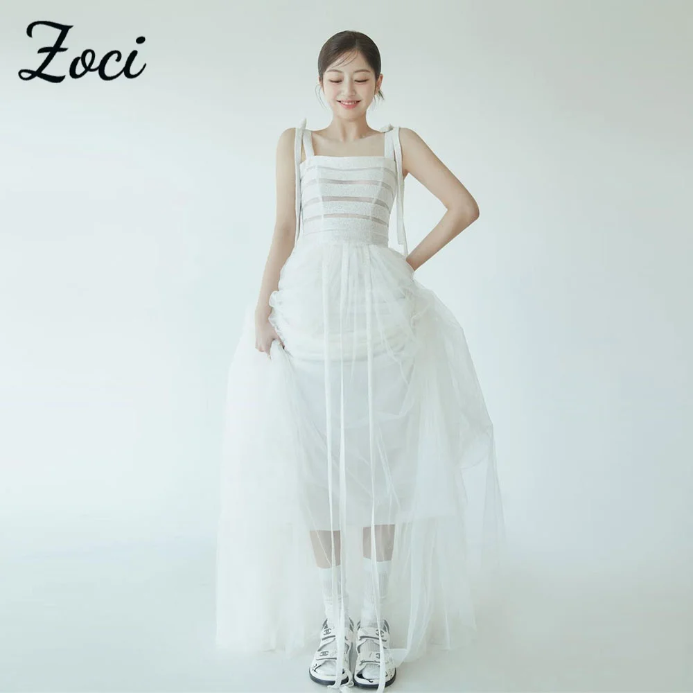 

Zoci Classic Shiny Korea Wedding Party Dresses Wide Straps Photos Shoot A Line Dress Customized Backless Sparkly Bridal Gown