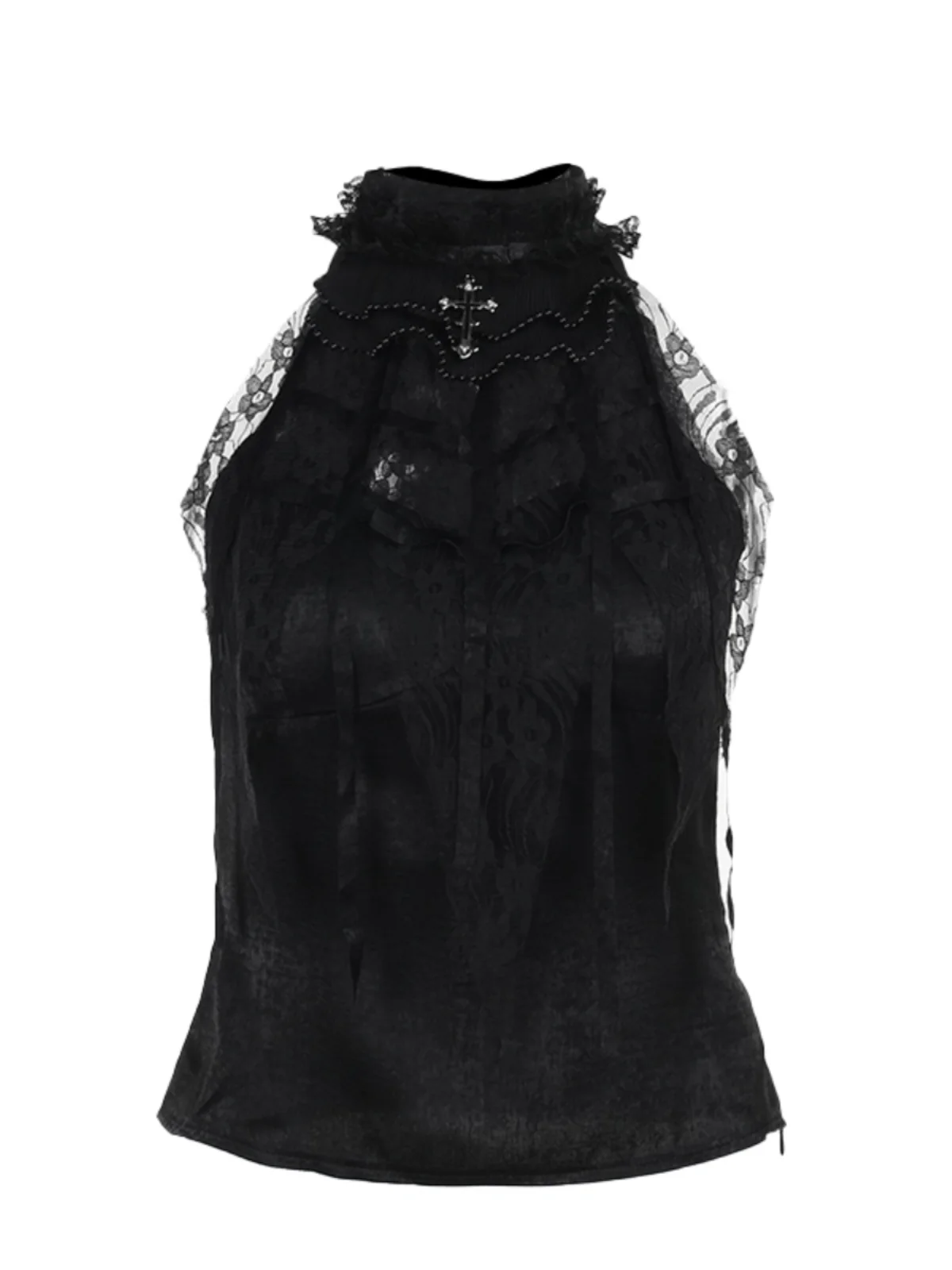 Wannathis Gothic Bla Gilet con cinturino appeso Hot Girl loween Sle Streetwear Scava fuori la finiture in pizzo Slim Fit Fibra di poliestere