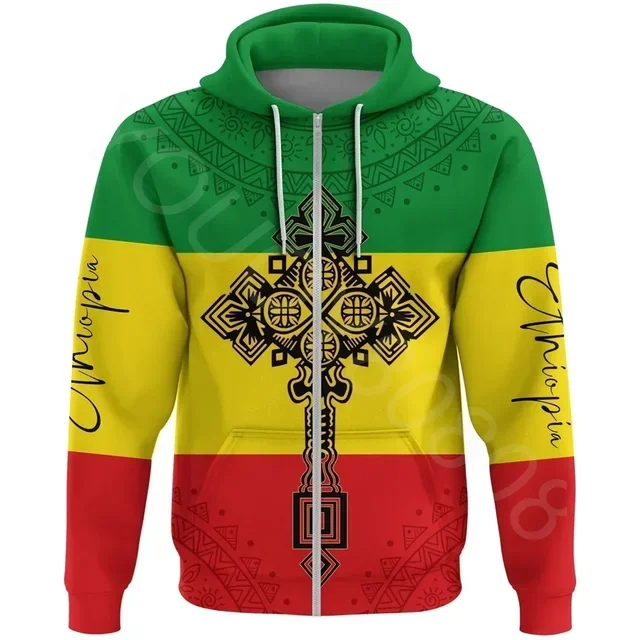 African Men's Sweatshirt Casual Loose Street Zipper Printed Hoodie Ethiopian Cross Flag Green Yellow Red Zipper Hoodie