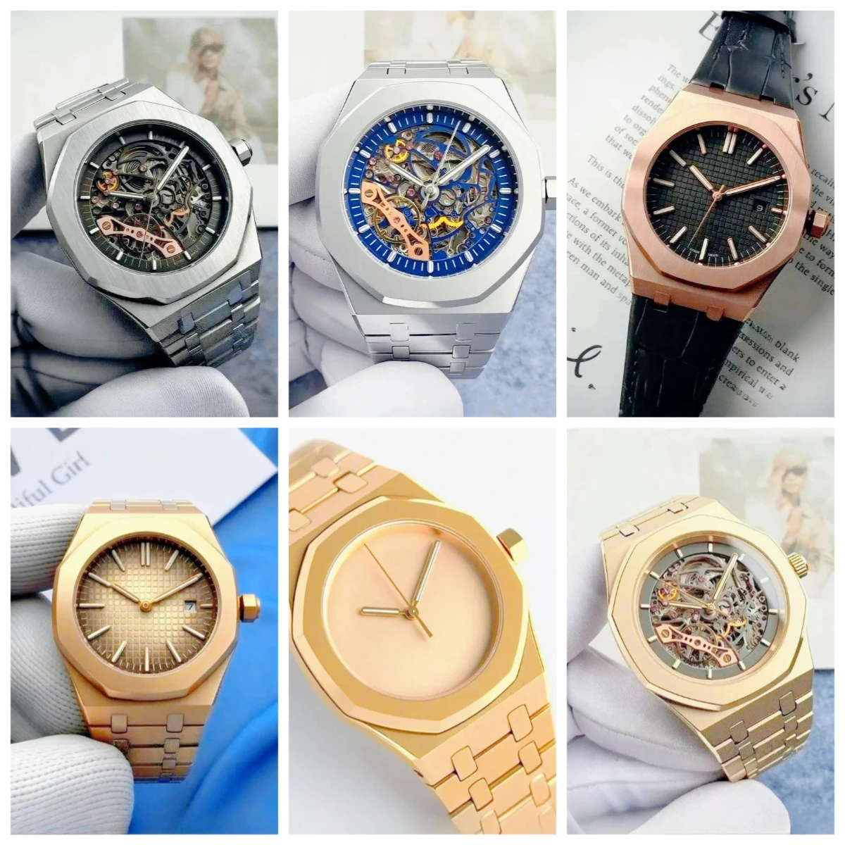 

42mm Male Automatic Watches High Grade 904L Solid Steel Case Rose Gold Detail Black Blue Flexible Leather Band Water Resistant