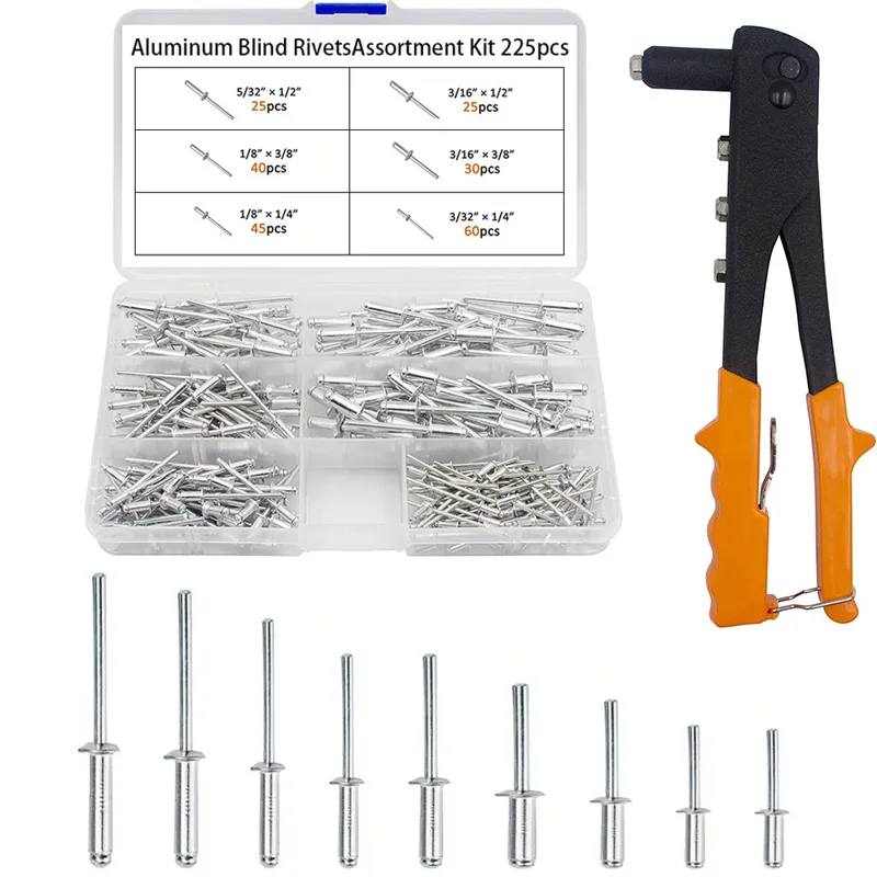 225 Mixed-Size Aluminum Blind Rivets Manual Rivet Gun Set, 6 Rivet Sizes, Suitable for Metal and Furniture Repair and Assembly