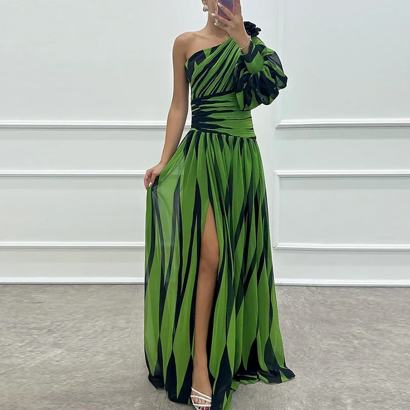 Vestido largo asimétrico con estampado de rayas a la moda para mujer, vestido de fiesta de gasa con cintura derramada sexi, vestido de noche plisado elegante con un hombro