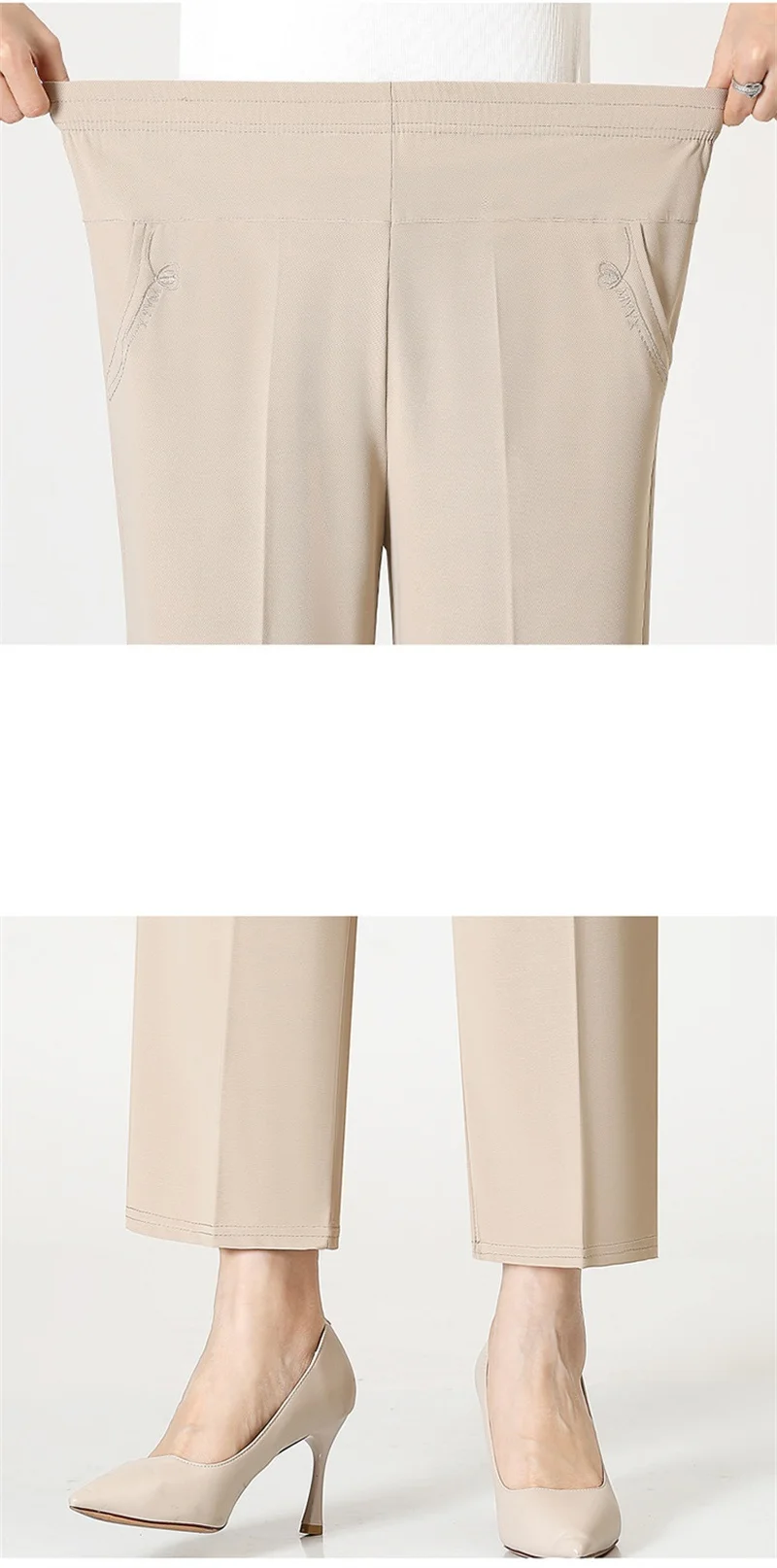 Extra Large Mom Summer Straight Pants Middle-Aged Women Elastic High Waist Grandma Ice Silk Cropped Pants Female Casual Pants