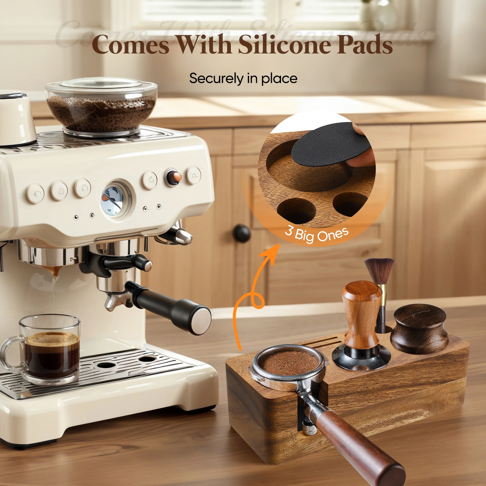 Estación de Prensado de Café Espresso, con Cojín de Silicona y Altura Ajustable, Organizador de Café de Madera para 51-58mm
