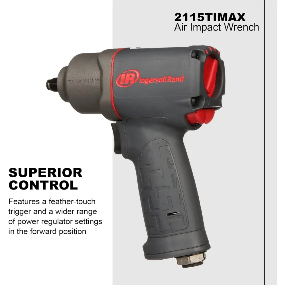 Ingersoll Rand 2115TiMAX 3/8 مفتاح ربط هوائي، عزم دوران 300 قدم رطل، علبة مطرقة تيتانيوم، مثبت حلقة الاحتكاك، مسدس