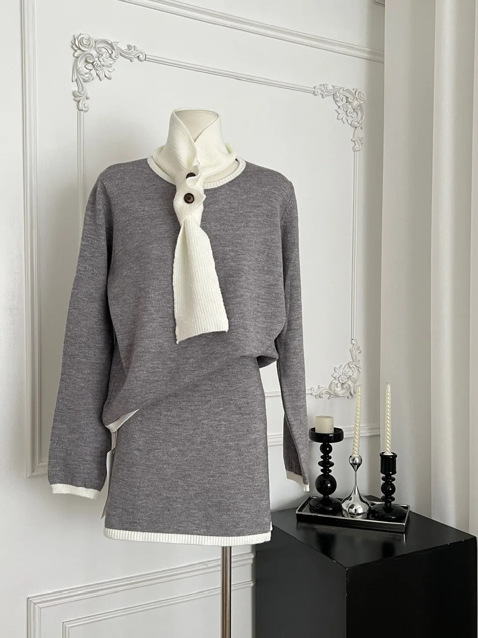 Winter Casual Matte Pullover Rock Set mit Krawatte Farbe Blo Faionable Damen Strickkleidung Polyesterfaser Head over Heels