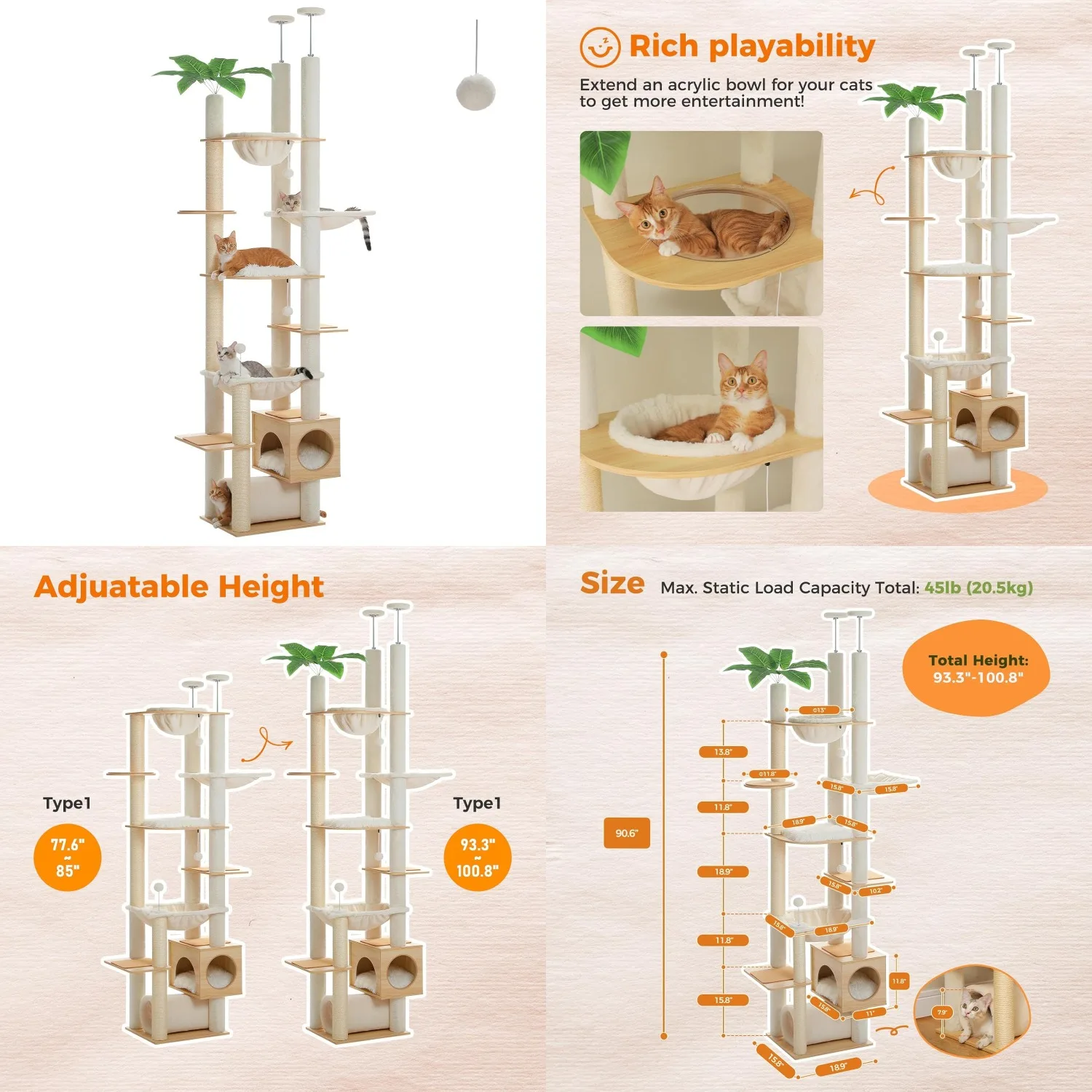 

Floor to Ceiling Cat Tree 93.3’’-100.8’’ Height Adjustable Wooden Cat Tower Tall Climbing Play House with, Customized