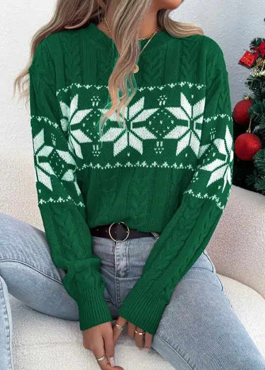 Winter Christmas New Fashionable Casual Elegant Women's Knitted Sweater Round Neck Snowflake Jacquard Slimming Sweater