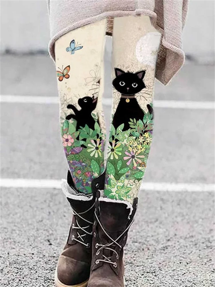 เลกกิ้งผู้หญิงลายการ์ตูนแมวสไตล์วินเทจ ทรงเข้ารูป เอวสูง สำหรับฤดูใบไม้ผลิและฤดูใบไม้ร่วง กางเกงขายาวสำหรับสุภาพสตรี