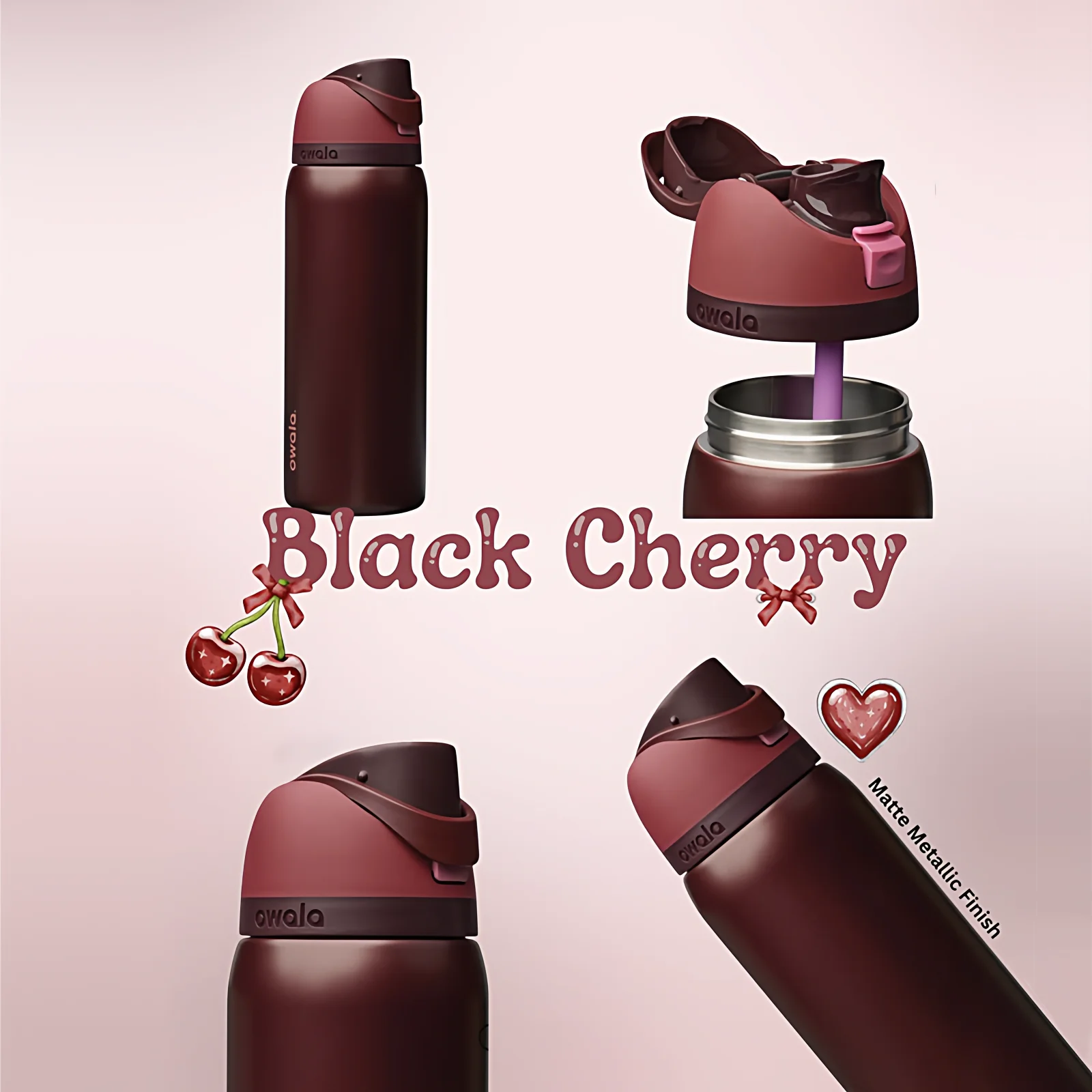 Owala Insulated Cup Black Cherry Double Lid Large Capacity Sports Straw Insulated Cup Portable Cup, Silicone Bottom Cove
