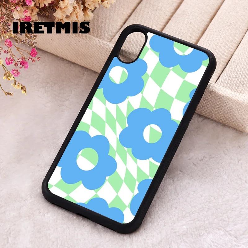 Iretmis Phone Cover Case For iPhone X XS Max XR 11 12 13 PRO MINI 14 15 16 Plus Rubber Silicone TPU Checkered Floral