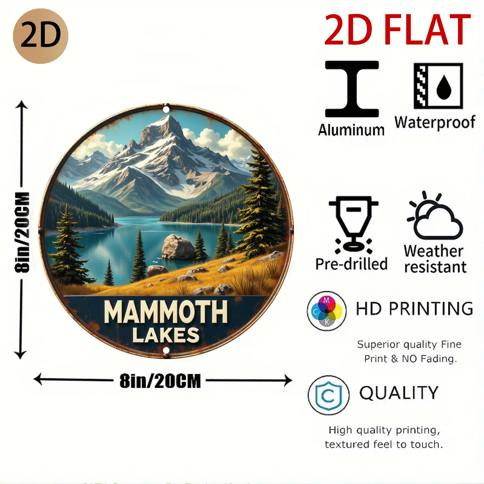 2D Flat Vintage Metal Sign Mammoth Lakes Mountain Lake Scenic Wall Art Decor for Cabin Lodge Patio Outdoor Area Souvenir Gift