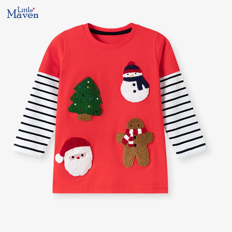 Little Maven Santa Claus Schneemann Weihnachtsbaum Applikationen Kinder-T-Shirts Herbst Weihnachten Jungen Langarm-T-Shirt
