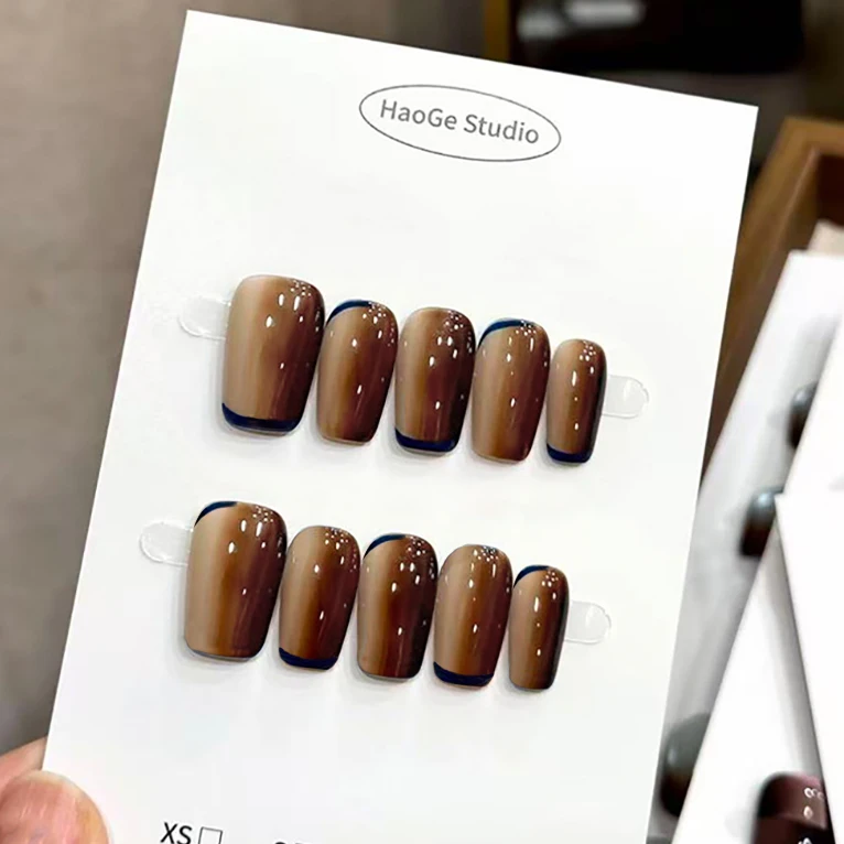 

10 шт./пакет, коричневый эффект кофейного цвета, лунный свет, кошка, магнитный пресс ручной работы на ногтях, средние квадратные съемные накладные ногти