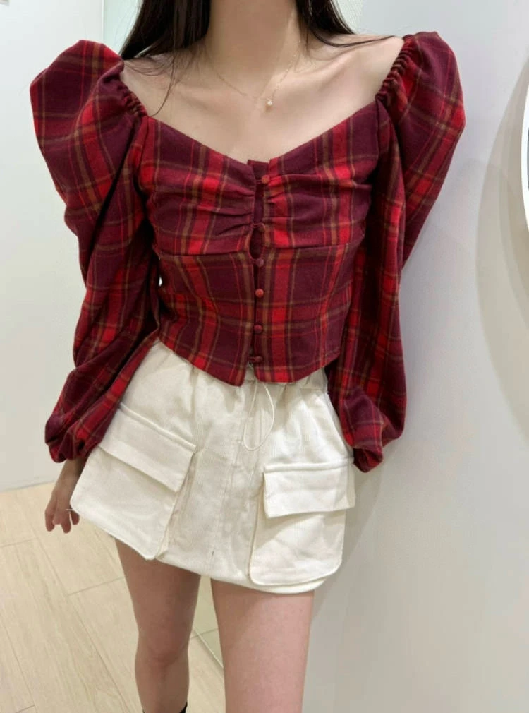 

Женская блузка Ele Plaid Bubble Sve с квадратным воротником, приталенная, прямого кроя, осенняя модная женская блузка премиум-качества