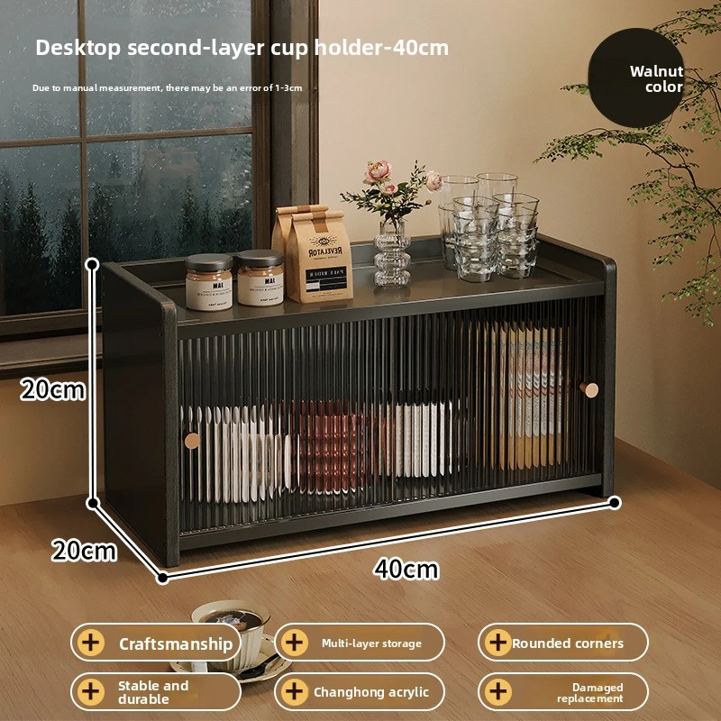 Desktop 2-Tier Countertop Storage Organizer Box With Dustproof Fluted Sliding Doors Rack Shelf For Coffee Mugs Tea Glassware