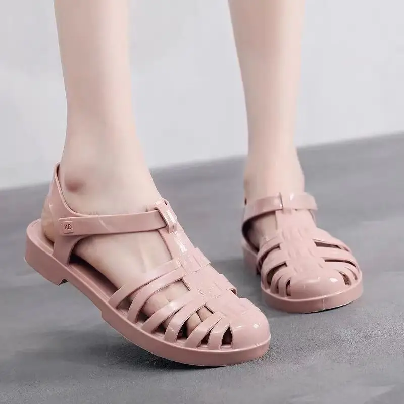 2022 New Women\'s Metal Buckle Jelly Shoes Summer Brazil Rome Sandals Retro Hook Flat Fashion Ladies PVC Sandals SHW119