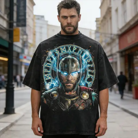 Vintage Oversized Thor Graphic Washed Cotton T-Shirt Men Superhero Comics Print Tee Washed Oversized Streetwear Cotton Tops