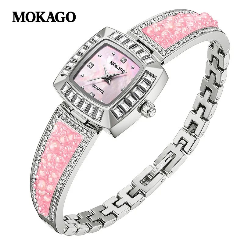 MOKAGO M8125Women's Pearl Dial Watch with Diamond Inlaid Bracelet Copper Strap Colorful Waterproof Elegant Fashion Luxury Gift