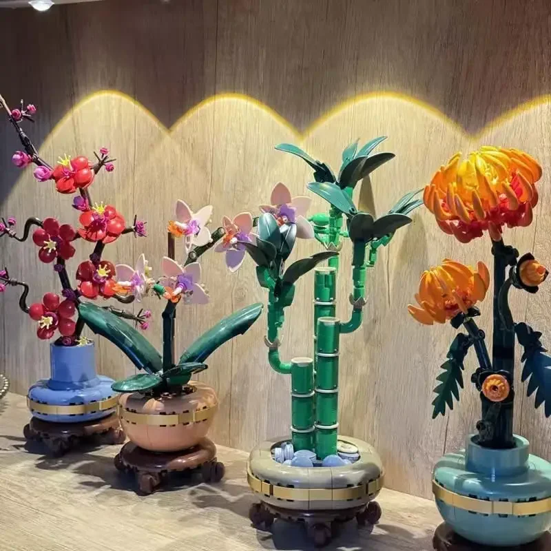 زهر البرقوق الحلي أقحوان Fugui الخيزران بنة نموذج النبات نموذج الديكور اللعب الطوب للطفل الكبار الهدايا
