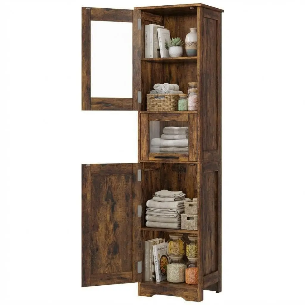 Tall Bathroom Storage Cabinet with Adjustable Shelves, Wooden Freestanding Floor Cabinet with Glass Door & Drawer, Slim Bathroom Cupboard for Bathroom Kitchen Living Room