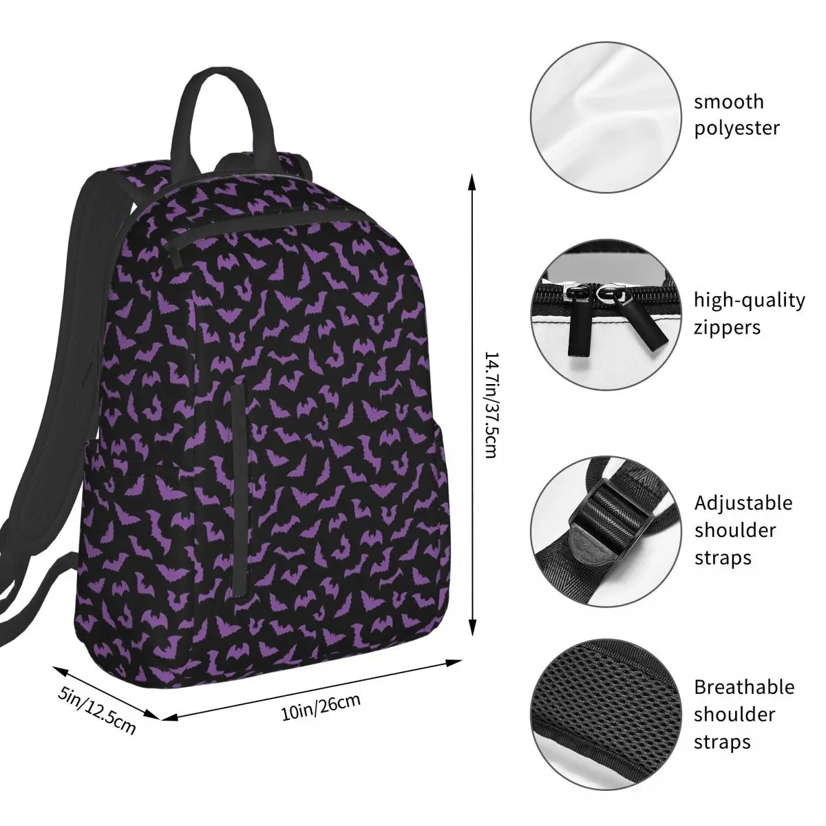 Purple Bats Pastel Goth Candy Punk Backpack Student BookBag Children School Bag Computer Shoulder Bags Boys Girls