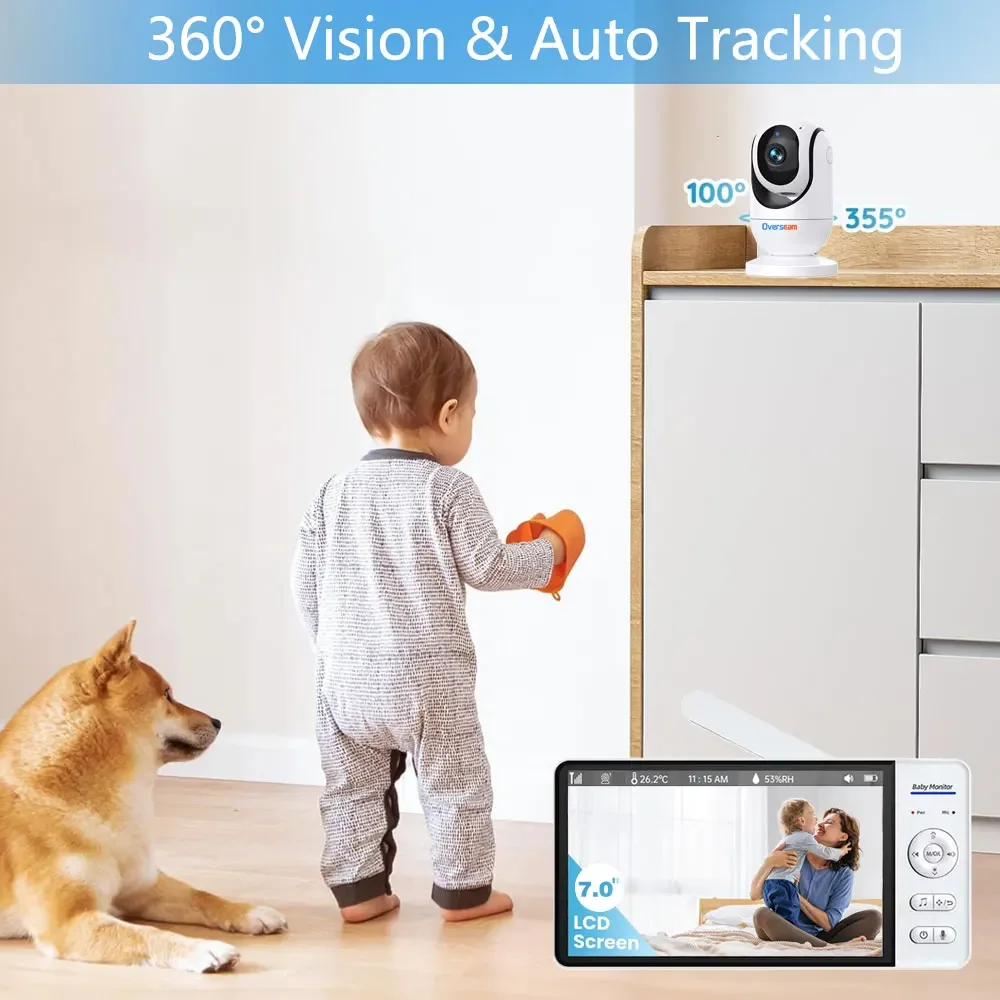 Baby Monitor Schermo da 7,0 pollici Batteria da 5000 mAh Sicurezza domestica intelligente per interni Telecamera con zoom PTZ Video sorveglianza Temperatura Ninne nanne