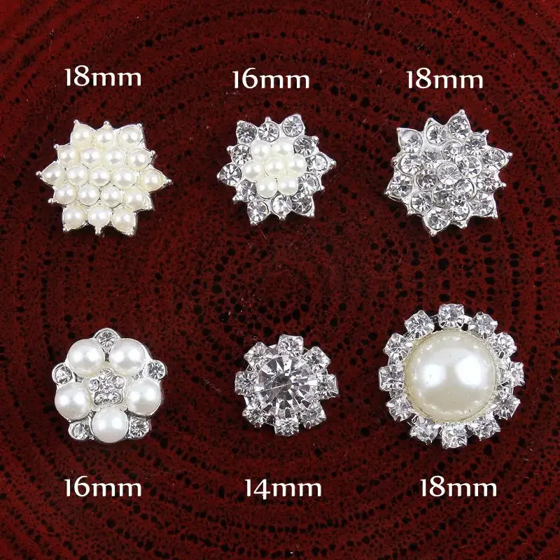 (10pcs/lot) 6 Styles Cute Trendy Handmade Metal Rhinestone Pearl Button Clear Artificial Alloy Crystal Flatback Wedding Buttons