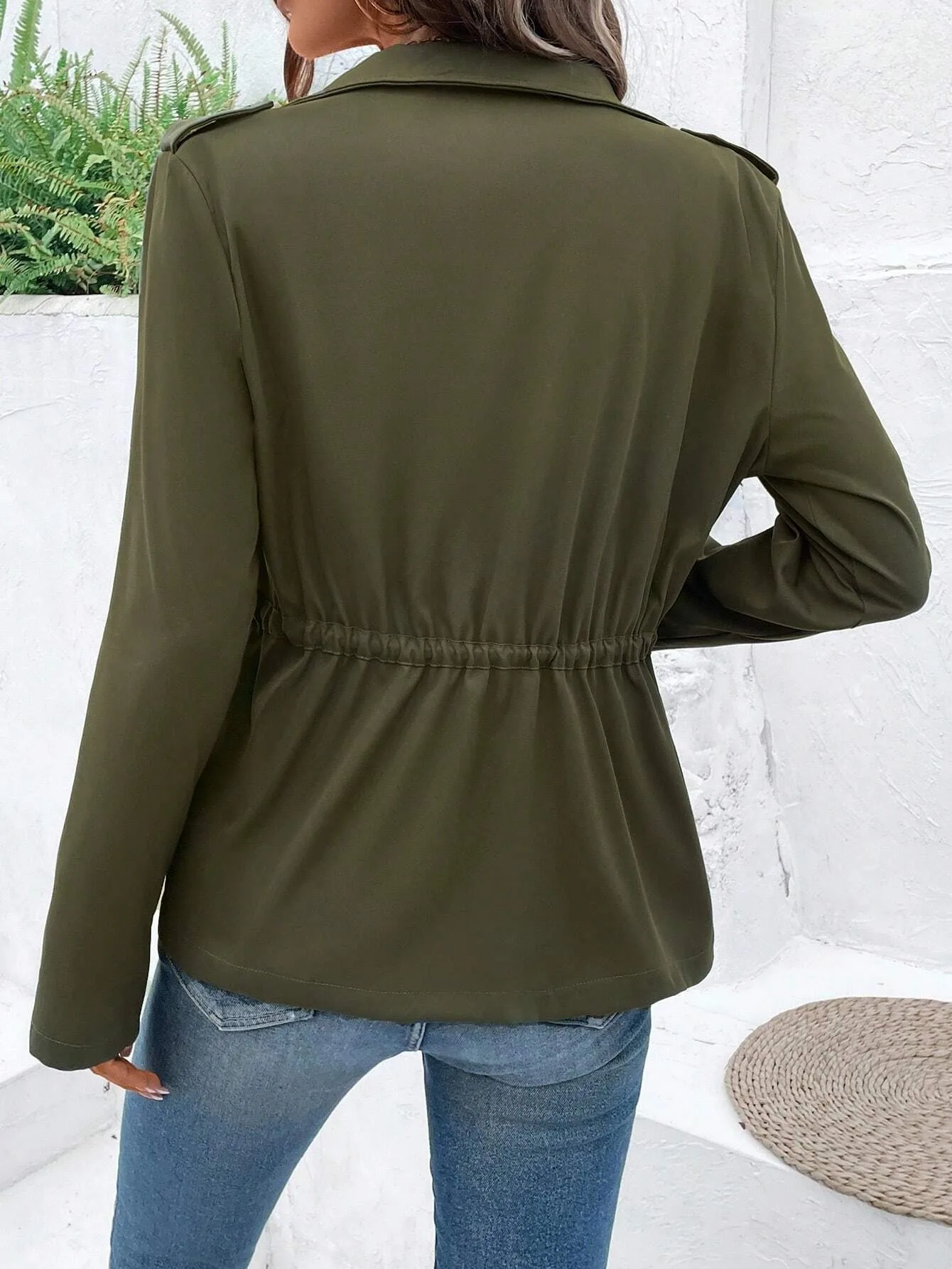 Women Stand Collar Short Jacket Long Sleeve Drawstring Waist Zip Up Multi Pockets Cotton‑Blend Utility Outerwear
